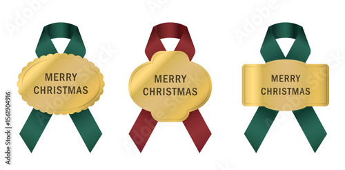 クリスマス用の赤と緑のリボンと金のラベルセット(装飾 デコレーション ベクター 編集可能 ホリデー ギフト)