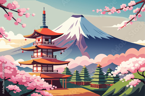 Elegant Japanese pagoda with cherry blossoms against a vibrant sky, evoking an ancient festival