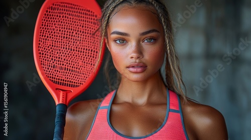 Woman holds a red racket