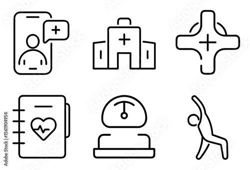 Health and medical lifestyle icons set in black outline style
