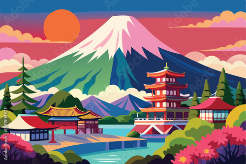 A tranquil Japanese garden landscape with a bridge and pagoda, set against a serene sky, evokes ancient Asian culture and architecture