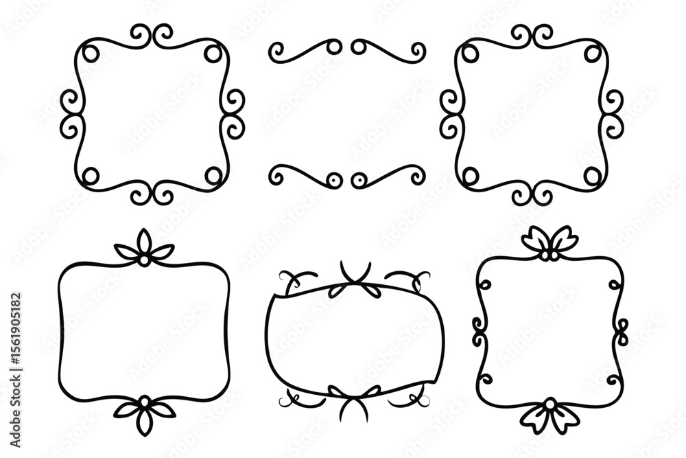 Collection of elegant black hand drawn decorative frames and dividers on white background