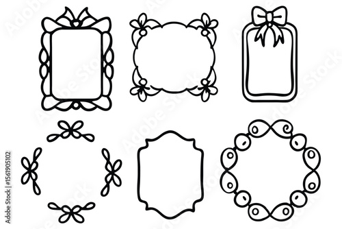 Collection of six decorative hand drawn ornamental frames and borders with bows and floral elements