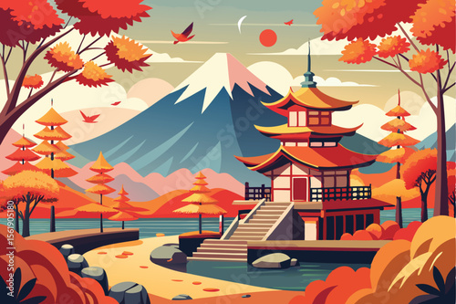 Autumn illustration of a Japanese temple and pagoda, nestled among colorful trees in a serene landscape with a clear sky