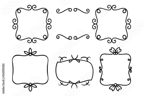 Collection of elegant black hand drawn decorative frames and dividers on white background