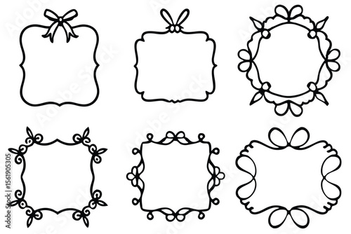 Collection of six decorative hand drawn frames and borders with bows and swirls
