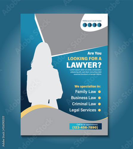 Sleek and modern flyer template tailored for law firm advertisements. Perfect for showcasing legal services, attorney credentials, practice areas, and contact details in a clear, professional layout.