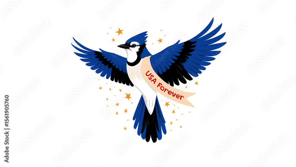 Fototapeta premium Illustration of blue jay bird with usa forever stamp isolated on white background