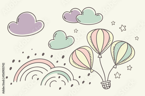 Whimsical pastel hot air balloons float past a rainbow and clouds