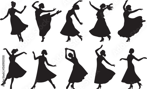 Collection of elegant women dancing gracefully in flowing dresses silhouette