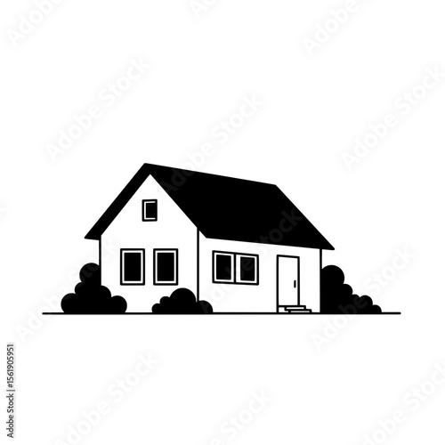Simple House Illustration: A minimalist black and white illustration of a cozy single-family house nestled amongst simple shrubbery.  Perfect for real estate or home-related projects.