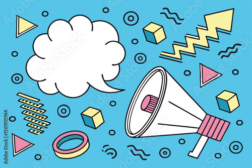 Retro megaphone with speech bubble and geometric shapes on blue background