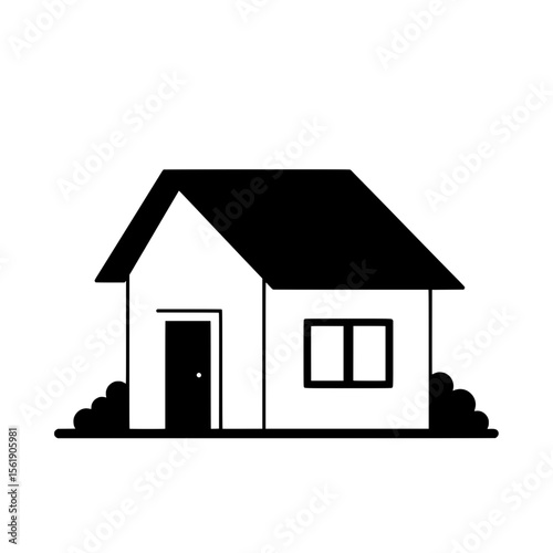 Simple House Icon: A minimalist black and white illustration of a small house with a pitched roof, single door, two windows, and simple landscaping.  