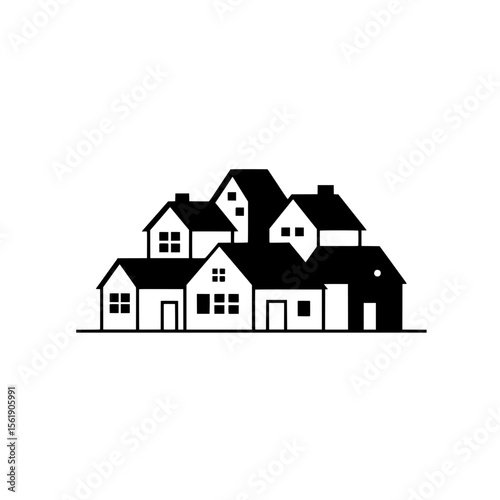 Neighborhood Silhouette: A captivating black and white silhouette of a cozy neighborhood, illustrating a sense of community, housing, and the essence of home.