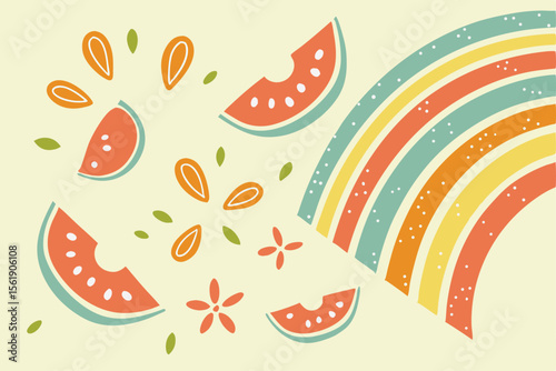 Whimsical rainbow and watermelon slices with floral accents on cream background