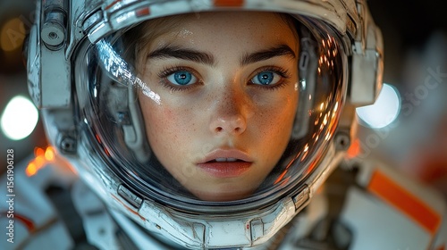 Woman in futuristic space suit, close up