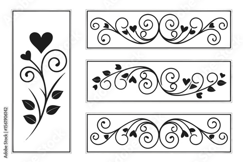 Decorative floral scrollwork designs with hearts and leaves in black and white