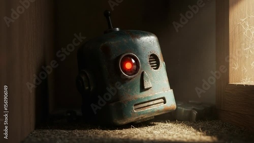 Vintage robot head sitting in a dusty corner, illuminated