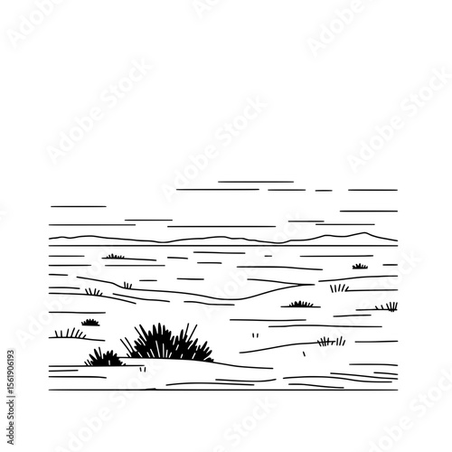 Desert Line Art: A minimalist line art illustration of a vast desert landscape. The image showcases the beauty of the desert with dunes, sparse vegetation, and distant mountains.