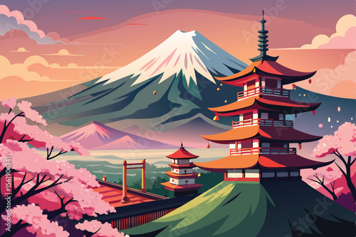 Vintage vector illustration of a Japanese pagoda and cherry blossoms at a fun summer festival