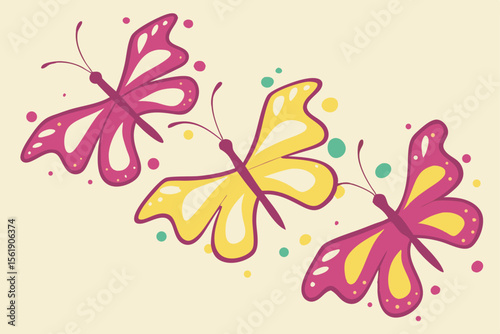 Three colorful cartoon butterflies flying together with polka dots