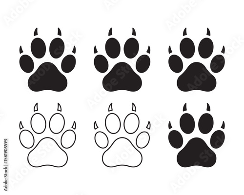 Collection of six paw print icons in black and white silhouette style