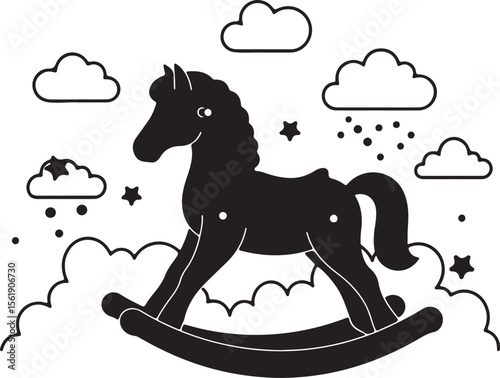 Silhouette of a toy rocking horse in black and white, surrounded by cloud shapes and cartoon elements, clean vector design Adobe Illustrator Artwork