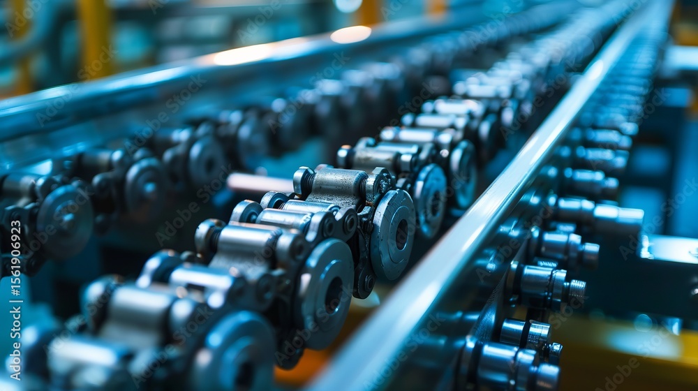 Fototapeta premium Chains and gears drive shafts in conveyor belts used in production lines. They also power car timing chains and engine tensioners. Industrial roller chains represent technological advancements.&nbsp;