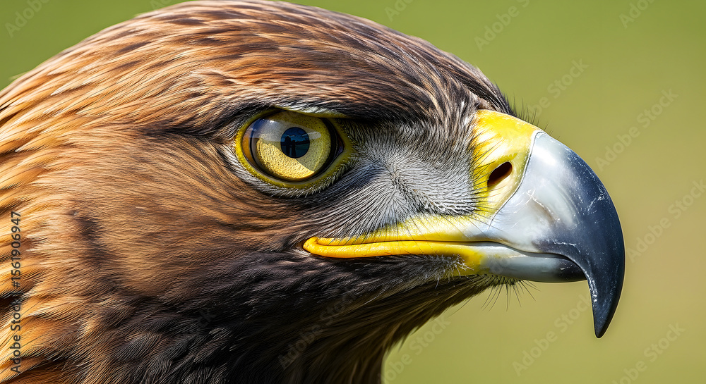 Naklejka premium A captivating wildlife portrait of a fierce red-tailed hawk, its brown feathers and sharp beak highlighting the majestic predator's intense hunter's eye