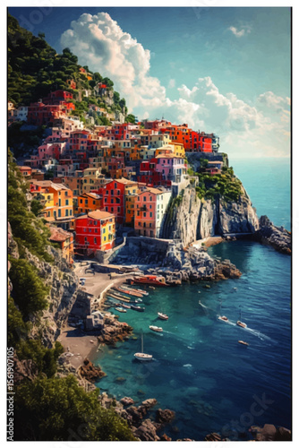 Italian Coastal Village Vernazza with Pastel Houses and Fishing Boats