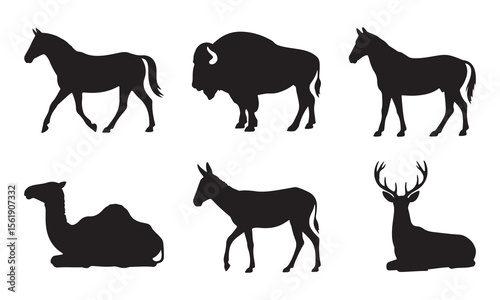 Collection of diverse animal silhouettes including horses buffalo camel donkey and deer