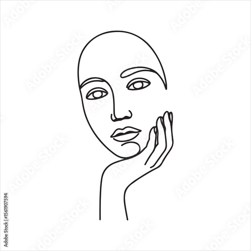 Elegant Minimalist Line Art Female Face with Hand