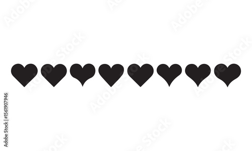 A horizontal line of eight black heart shapes on a white background silhouette