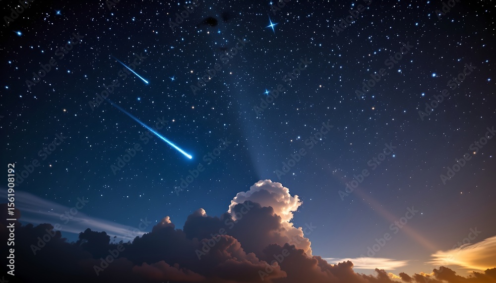 Naklejka premium the image depicts a night sky with a starry backdrop, in the foreground, there is a large, vibrant blue cloud that appears fluffy and thick, filling the lower portion of the image