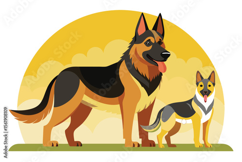Isolated vector portrait of a cute, one black and brown purebred German Shepherd dog, a domestic mammal, sitting in a studio