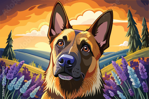Close-up portrait of a cute brown and black German Shepherd puppy with flowers in the grass