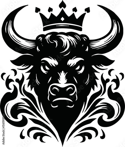 silhouette of head of a bull with a crown on black background