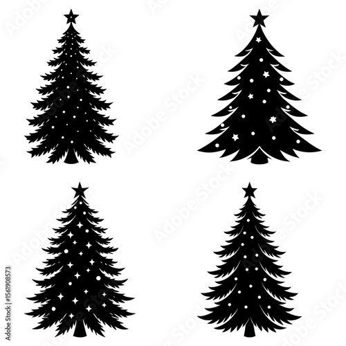 Four christmas trees with star toppers and decorations in black silhouette on a white background design