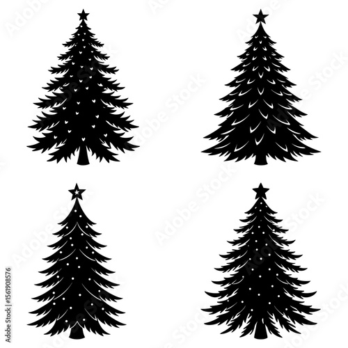 Four christmas trees in silhouette with star toppers and decorative elements for holiday season vector art