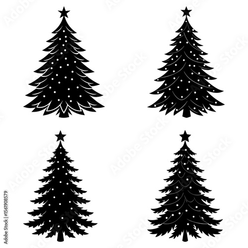 Four stylized christmas trees with star toppers and dot decorations in black and white design element