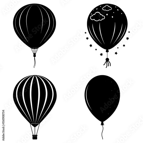 Four black and white balloon illustrations with varying designs and string attachments on a white background
