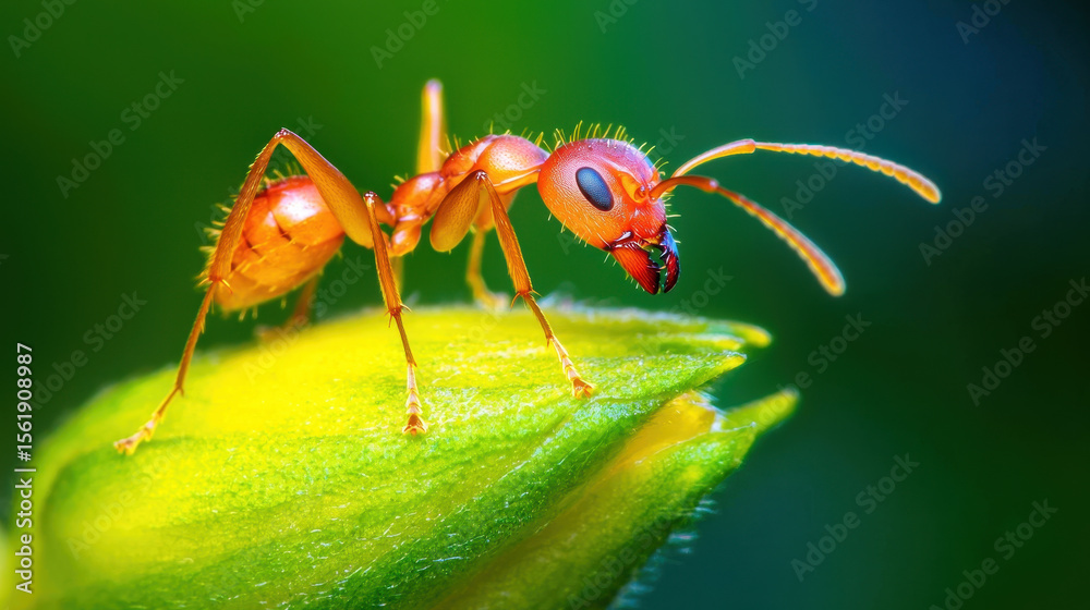 Naklejka premium Macro photo of vibrant red ant perched on green leaf, showcasing intricate details and textures, evoking sense of nature beauty