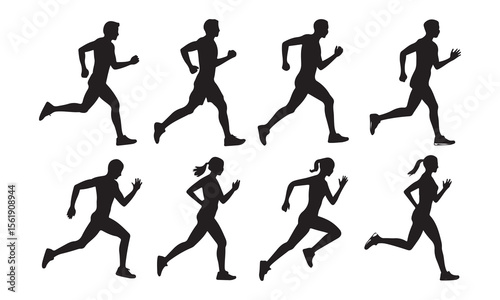 Diverse group of male and female runners in motion silhouette