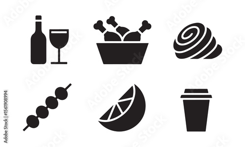 Collection of food and drink icons in a simple black silhouette style