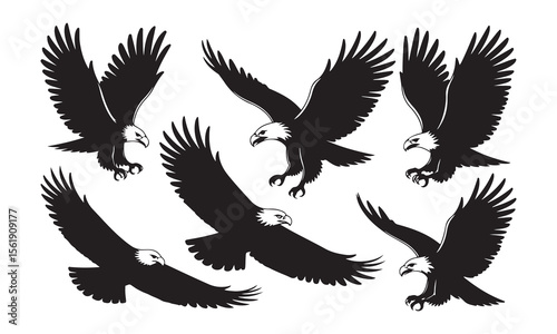 Collection of bald eagle flying poses in a distinctive silhouette style