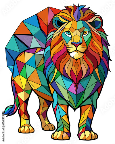 Lion , Stained Glass Style, Full body	, stained glass style, full body, pattern polygon, full color rainbow