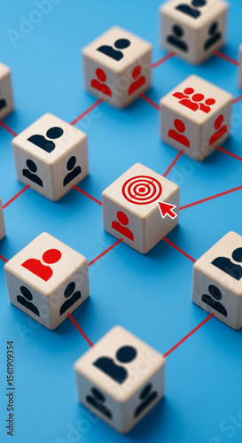 Wooden cubes form network, showing target audience selection, illustrating marketing strategy concept