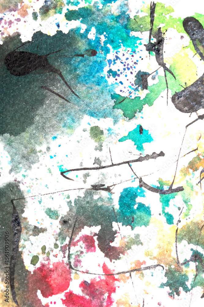 Naklejka premium Vibrant Explosion of Multicolour Rainbow Watercolour Paint Splatters and Circles Spots on White Background