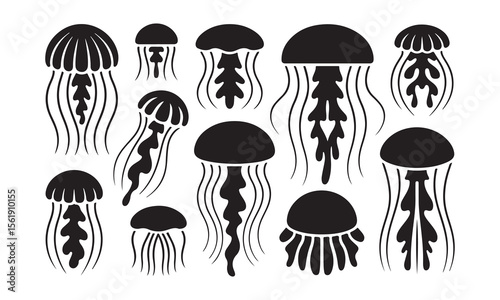 Collection of stylized black jellyfish silhouettes on a white background
