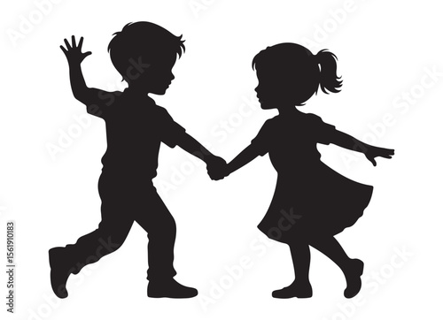 Joyful boy and girl holding hands dancing together silhouette